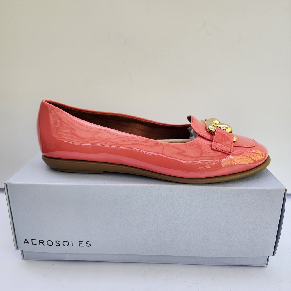 Aerosoles Bell Coral Pink Patent Gold Chain Link Loafers Flats Womens 10W New